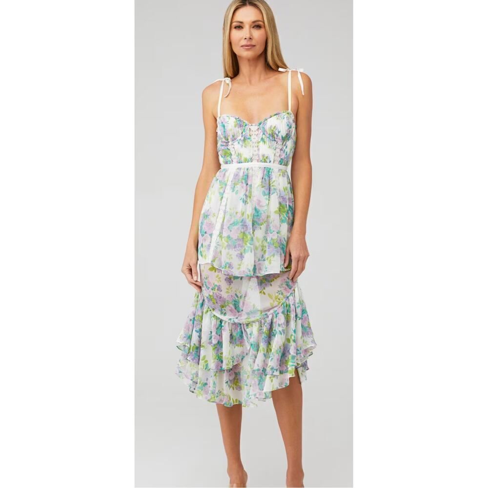 Floral Tie-Shoulder Tiered Midi Dress - White/Floral